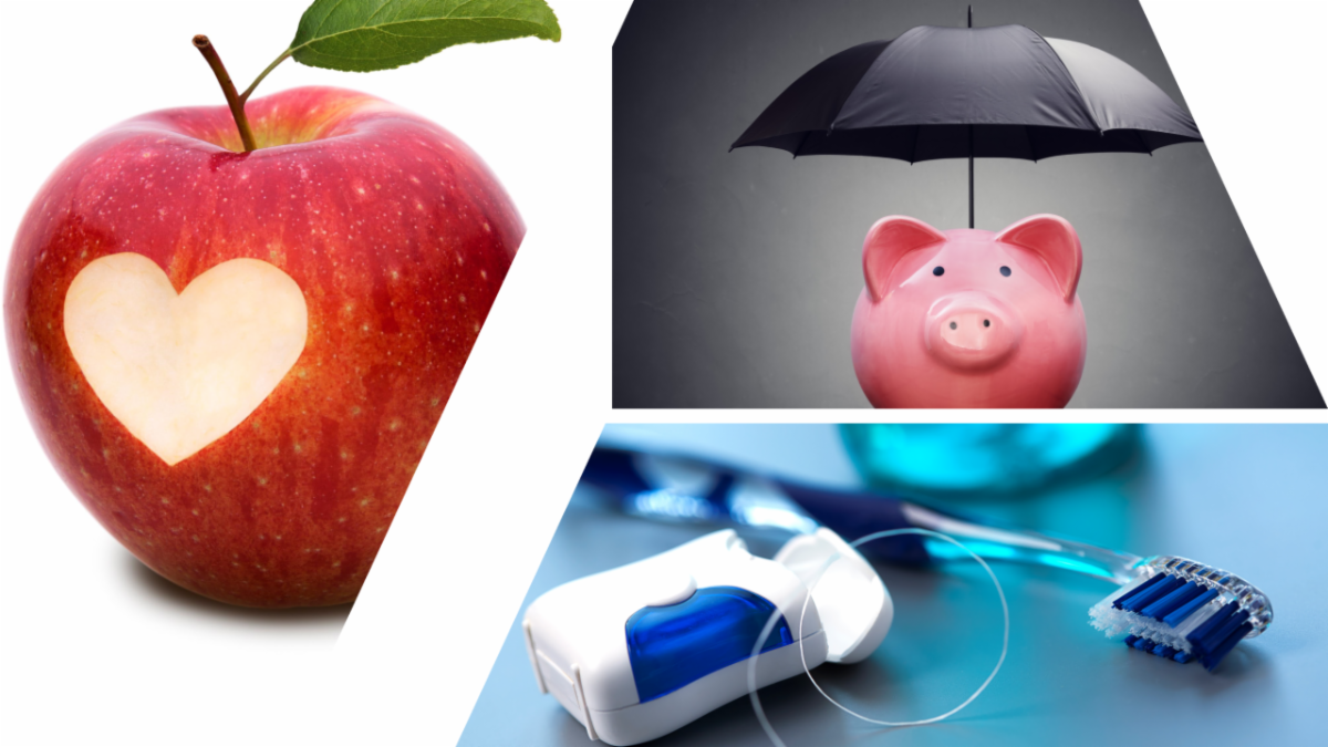 collage of apple with hear, piggy bank with umbrella and tootbrush and floss