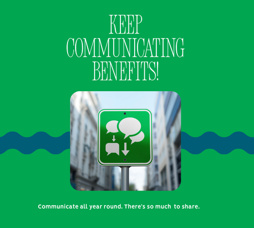 Image of buildings with talking bublles that says Keep Communicating Benefits!