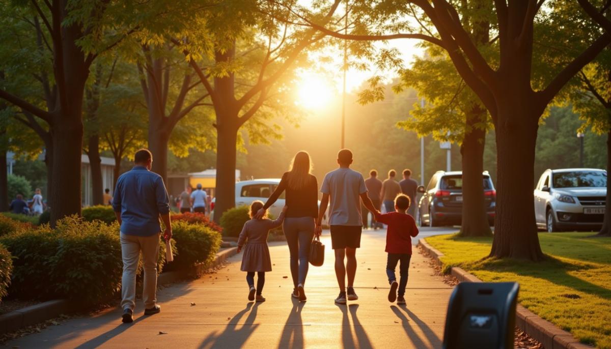 family walking into the sunset