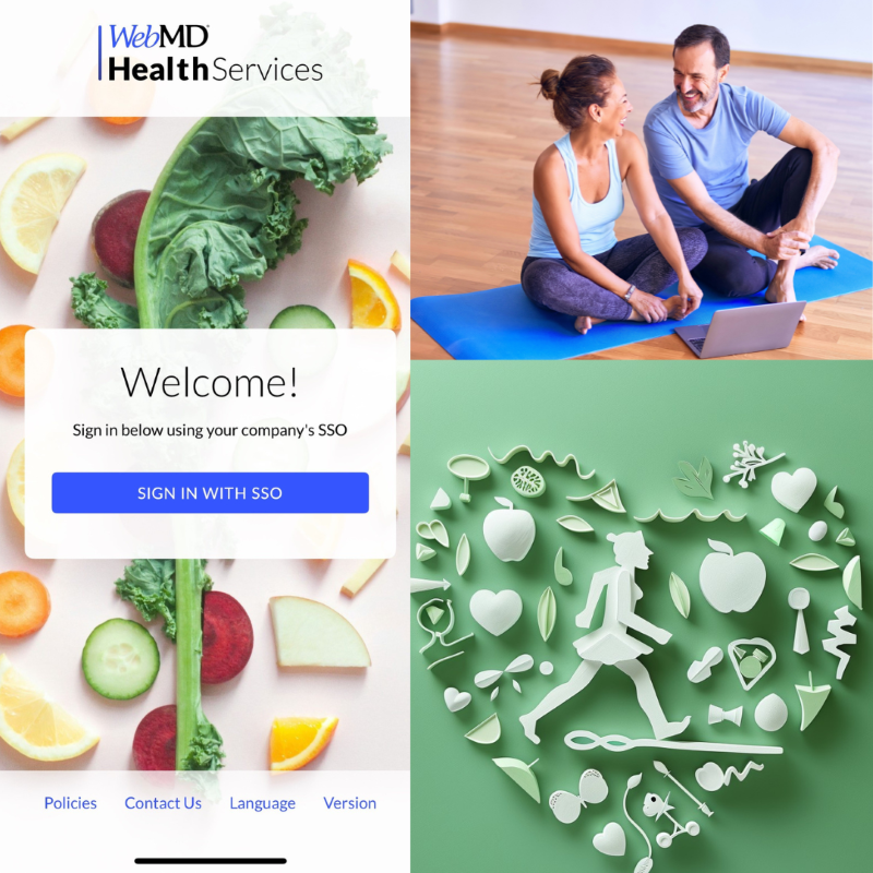 wellness collage with yoga couple on matt, wellness app, and more